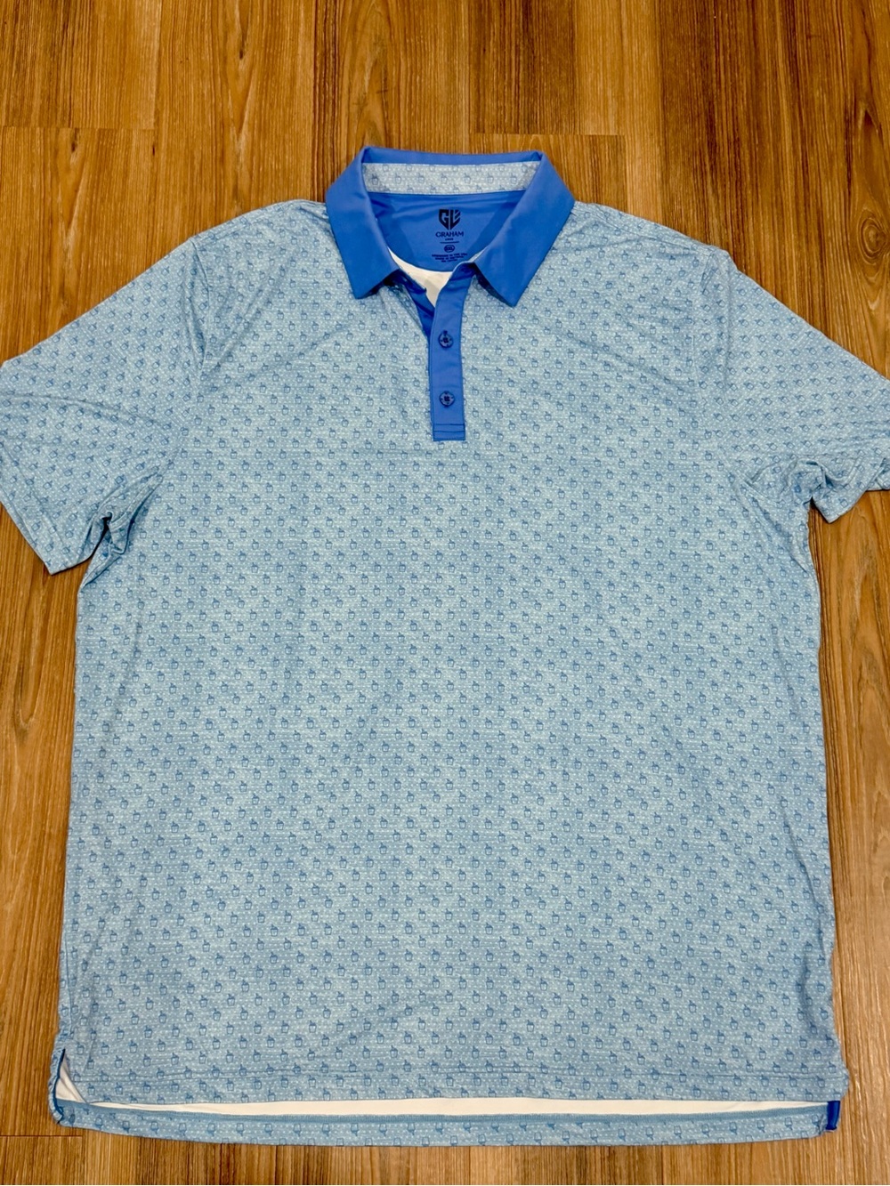 Graham Luxe Men’s XXL Light Blue Patterned Polo Shirt with Royal Blue Collar